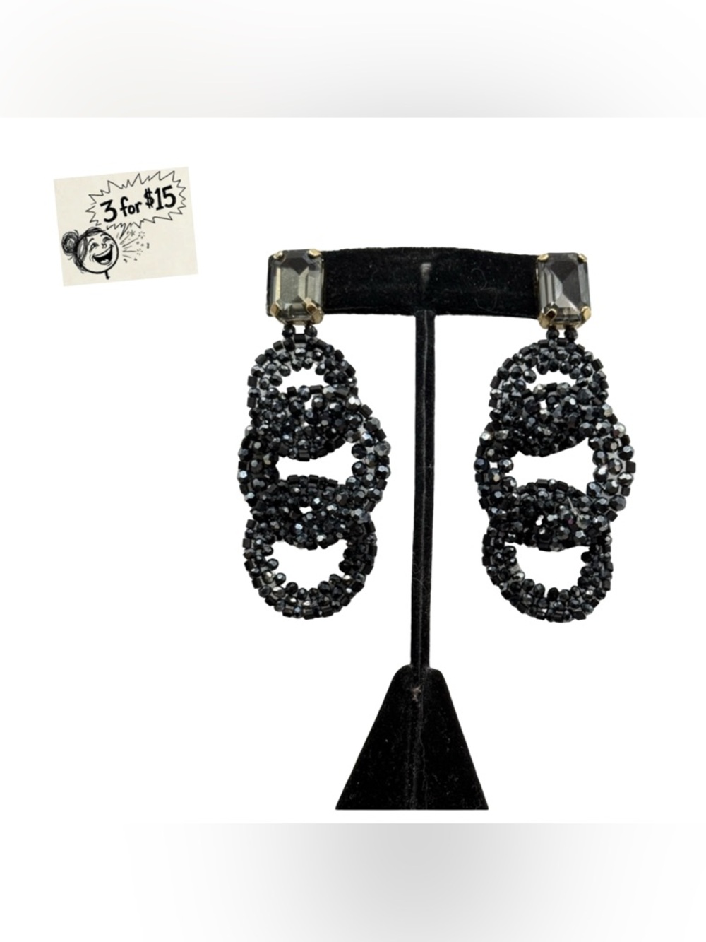 3" Black Beaded Triple Hoop Drop Earrings - Women Jewelry